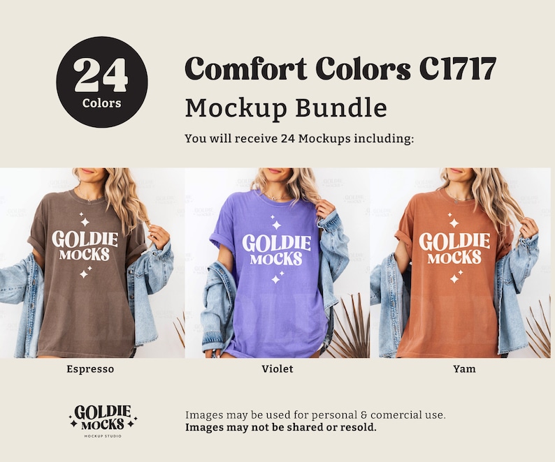 May include: Mockup bundle of 24 t-shirt designs featuring the text "Goldie Mocks" in a retro font. The shirts are shown in three colors: espresso, violet, and yam.
