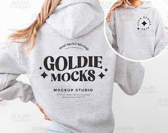 Mockup anteriore e posteriore della felpa con cappuccio in cenere Gildan 18500 / Mockup diviso della felpa con cappuccio in cenere G185 / Simulazione del modello reale / Vista posteriore doppia semplice e minimale