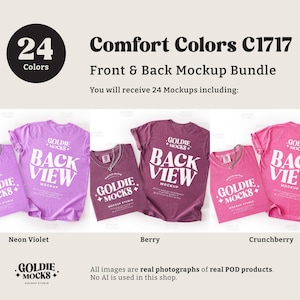 May include: A mockup bundle featuring Comfort Colors C1717 t-shirts in various colors, including Neon Violet, Berry, and Crunchberry. The shirts display front and back views with the text "BACK VIEW" and "GOLDIE MOCKS" in white. The image includes the text "24 Colors".