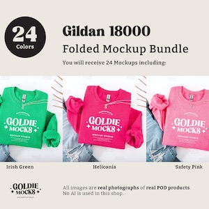 May include: A mockup bundle of 24 folded Gildan 18000 sweatshirts in various colors. The sweatshirts are folded and laid out on a light-colored surface. The colors shown are Irish Green, Heliconia, and Safety Pink. Each sweatshirt features the text "Goldie Mocks" printed on the front.