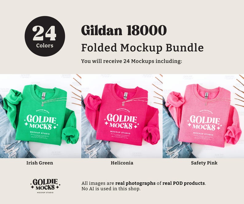 May include: A mockup bundle of 24 folded Gildan 18000 sweatshirts in various colors. The sweatshirts are folded and laid out on a light-colored surface. The colors shown are Irish Green, Heliconia, and Safety Pink. Each sweatshirt features the text "Goldie Mocks" printed on the front.
