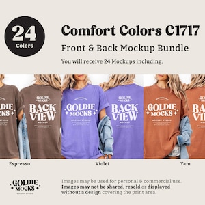 May include: A mockup bundle featuring Comfort Colors C1717 t-shirts in various colors, including Espresso, Violet, and Yam. The image displays both front and back views of the shirts, with the text "GOLDIE MOCKS" and "BACK VIEW" printed on them. The image includes the text "24 Colors".