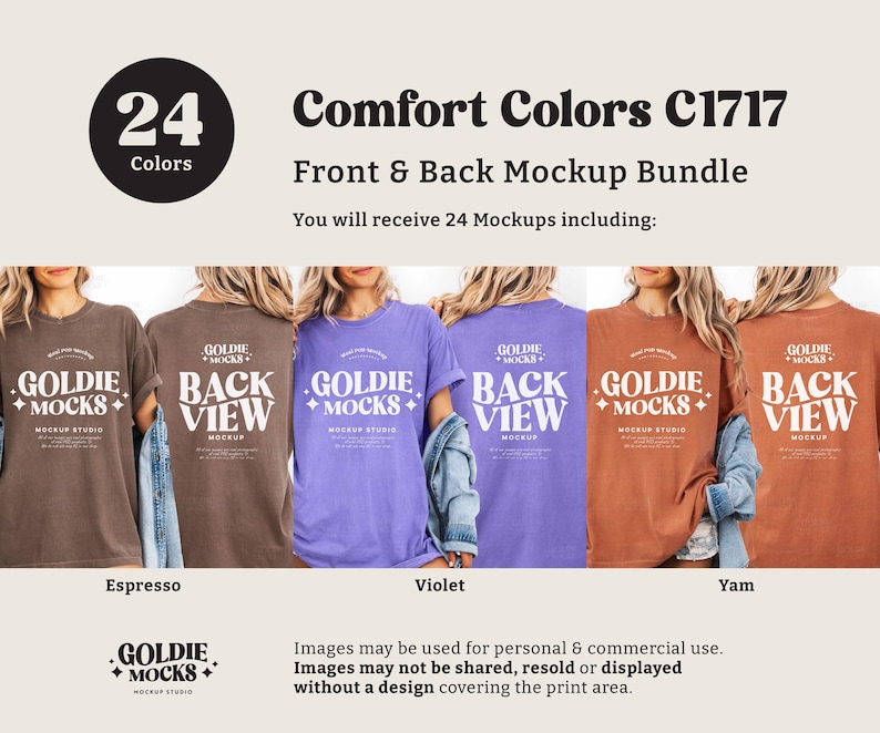 May include: A mockup bundle featuring Comfort Colors C1717 t-shirts in various colors, including Espresso, Violet, and Yam. The image displays both front and back views of the shirts, with the text "GOLDIE MOCKS" and "BACK VIEW" printed on them. The image includes the text "24 Colors".