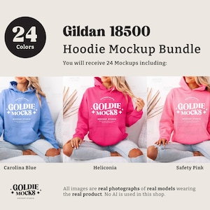 Puede incluir: Un paquete de maquetas de 24 sudaderas con capucha Gildan 18500 en varios colores. Las sudaderas con capucha se muestran en modelos que las llevan puestas. Los colores que se muestran son Carolina Blue, Heliconia y Safety Pink. El texto "GOLDIE +MOCKS+ MOCKUP STUDIO" est&aacute; en la parte delantera de las sudaderas con capucha.