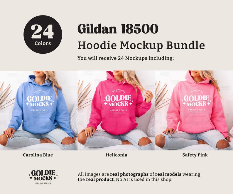Puede incluir: Un paquete de maquetas de 24 sudaderas con capucha Gildan 18500 en varios colores. Las sudaderas con capucha se muestran en modelos que las llevan puestas. Los colores que se muestran son Carolina Blue, Heliconia y Safety Pink. El texto "GOLDIE +MOCKS+ MOCKUP STUDIO" est&aacute; en la parte delantera de las sudaderas con capucha.
