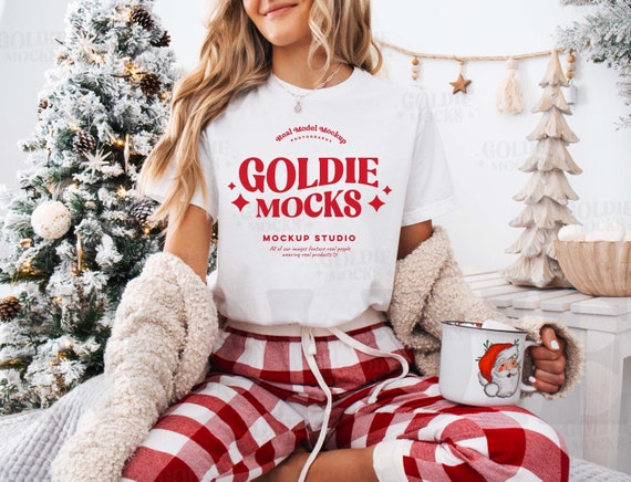 Bella Canvas 3001 White Tshirt Mockup | BC 3001 White Shirt Mock-up | Real Model Mock | Cozy Casual Flannel Christmas Holiday Aesthetic