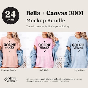 Puede incluir: Tres mujeres vistiendo camisetas Bella + Canvas 3001 de diferentes colores. Las camisetas son de color melocot&oacute;n jaspeado, rosa suave y azul claro. Cada camiseta tiene el texto "Goldie Mocks" impreso en la parte delantera.