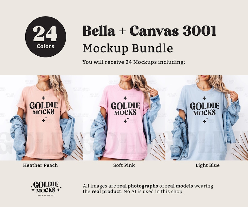 Puede incluir: Tres mujeres vistiendo camisetas Bella + Canvas 3001 de diferentes colores. Las camisetas son de color melocot&oacute;n jaspeado, rosa suave y azul claro. Cada camiseta tiene el texto "Goldie Mocks" impreso en la parte delantera.