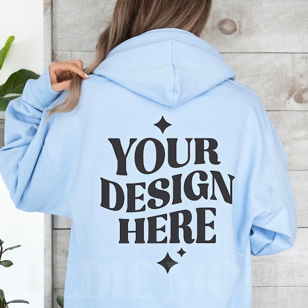 Gildan 18500 Light Blue Hoodie Back Mockup | G185 Blue Hooded Sweatshirt | Model Mockup | Gildan 18500 Light Blue Back | Simple Neutral Back