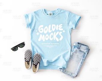 Comfort Colors C9018 Chambray Tshirt Mockup | 9018 Blue Youth T-Shirt Mockup | Real Product Mock | Trendy Minimal Neutral Styled Kids Shirt