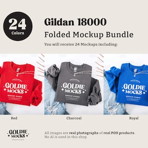 May include: A mockup bundle of 24 folded Gildan 18000 sweatshirts in red, charcoal, and royal blue. Each sweatshirt features the text "Goldie Mocks" and a logo.