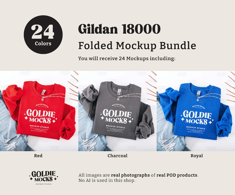 May include: A mockup bundle of 24 folded Gildan 18000 sweatshirts in red, charcoal, and royal blue. Each sweatshirt features the text "Goldie Mocks" and a logo.