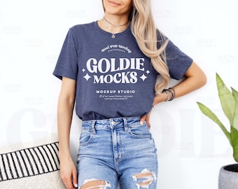Bella Canvas 3001 ヘザーネイビー Tシャツ モックアップ | 3001 ネイビーブルー Tシャツ モックアップ | リアルモデルモック シンプル ニュートラル トレンディ ミニマル 美的シャツ