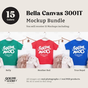 May include: A mockup bundle of Bella Canvas 3001T t-shirts in Kelly green, Heather Red, and True Royal blue. Each shirt displays the "GOLDIE MOCKS" logo. The image includes the text "15 Colors" and "Mockup Bundle".