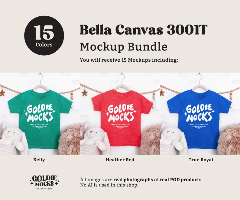 May include: A mockup bundle of Bella Canvas 3001T t-shirts in Kelly green, Heather Red, and True Royal blue. Each shirt displays the "GOLDIE MOCKS" logo. The image includes the text "15 Colors" and "Mockup Bundle".