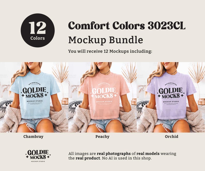 May include: Three women wearing different coloured t-shirts with the text "Goldie Mocks" and a logo. The t-shirts are in Chambray, Peachy, and Orchid colours. The text "Comfort Colors 3023CL Mockup Bundle" is at the top of the image.