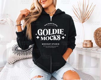 Gildan 18600 Black Full-Zip Hoodie Mockup | G186 Black Zip Up Hooded Sweatshirt Mock-up | Real Model Mock | Neutral Simple Casual Trendy