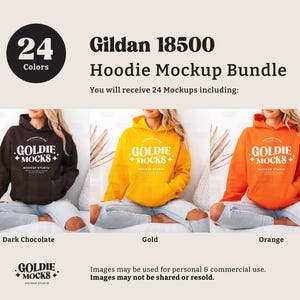 Puede incluir: Un paquete de maquetas de 24 sudaderas con capucha Gildan 18500 en varios colores. La imagen muestra tres sudaderas en chocolate oscuro, dorado y naranja. Las sudaderas presentan el texto "GOLDIE +MOCKS+" en la parte delantera.