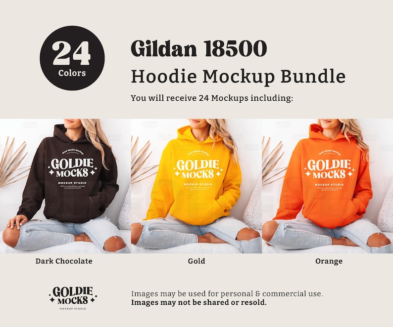 Puede incluir: Un paquete de maquetas de 24 sudaderas con capucha Gildan 18500 en varios colores. La imagen muestra tres sudaderas en chocolate oscuro, dorado y naranja. Las sudaderas presentan el texto "GOLDIE +MOCKS+" en la parte delantera.