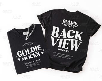 Comfort Colors C1717 Black Tshirt Front Back Mockup | 1717 Black T-Shirt Flatlay Mock-up | Real Photo | Simple Minimal Neutral Back View Tee