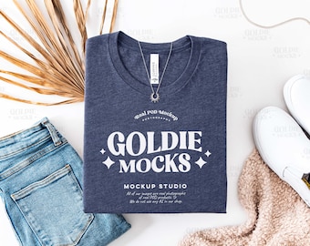 Bella Canvas 3001 Heather Navy Shirt Flat Lay Mockup | BC 3001 Navy Folded Tshirt Mock-up | Real Product Mock | Boho Flatlay Aesthetic