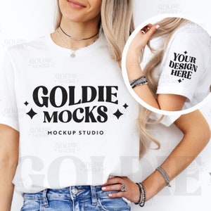 Bella Canvas 3001 Weiß T-Shirt Ärmel und Vorderseite Mockup | 3001 Weißes Hemd Ärmel Arm Mock-up | Echtes Modell Mock | Schlichtes Minimal Casual Tee
