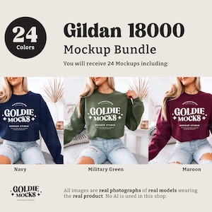 May include: Three women wearing different colored Gildan 18000 cropped sweatshirts. The sweatshirts are navy blue, military green, and maroon. Each sweatshirt has the text "GOLDIE MOCKS" printed on the front.