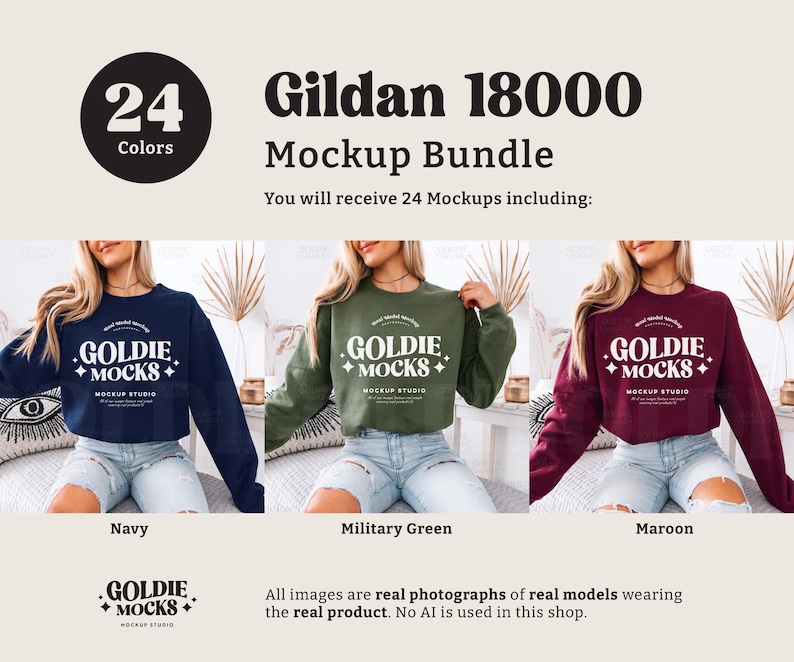 May include: Three women wearing different colored Gildan 18000 cropped sweatshirts. The sweatshirts are navy blue, military green, and maroon. Each sweatshirt has the text "GOLDIE MOCKS" printed on the front.