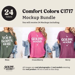 May include: A mockup bundle of 24 t-shirt designs featuring a variety of colors, including moss green, pink, and burgundy. The t-shirts are shown on models and feature the text "Your Design Here" and "Goldie Mocks".