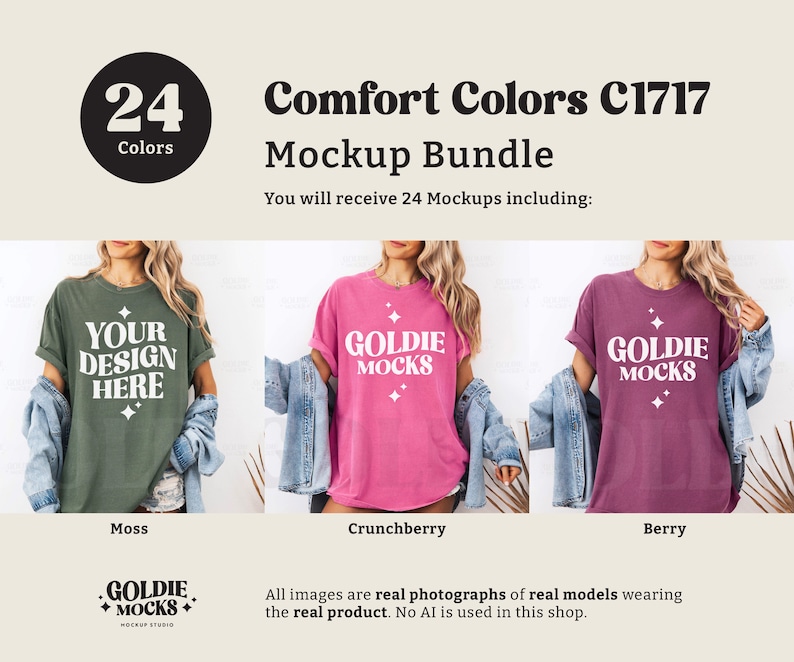May include: A mockup bundle of 24 t-shirt designs featuring a variety of colors, including moss green, pink, and burgundy. The t-shirts are shown on models and feature the text "Your Design Here" and "Goldie Mocks".