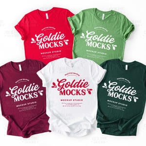 Bella Canvas 3001 Gruppe Shirt Mockup | BC 3001 Weiß Rot Kastanienbraun Wald Blatt Grün Tshirt Mock-up | Trendige bunte Weihnachtsgruppe Flatlay