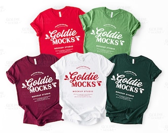 Bella Canvas 3001 Group Shirt Mockup | BC 3001 White Red Maroon Forest Leaf Green Tshirt Mock-up | Trendy Colorful Christmas Group Flatlay