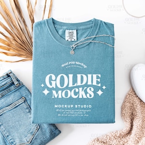 Comfort Colors C1717 Ice Blue Shirt Flat Lay Mockup | 1717 Ice Blue Folded Tshirt Mock-up | Real Product Mock | Neutral Flatlay Aesthetic
