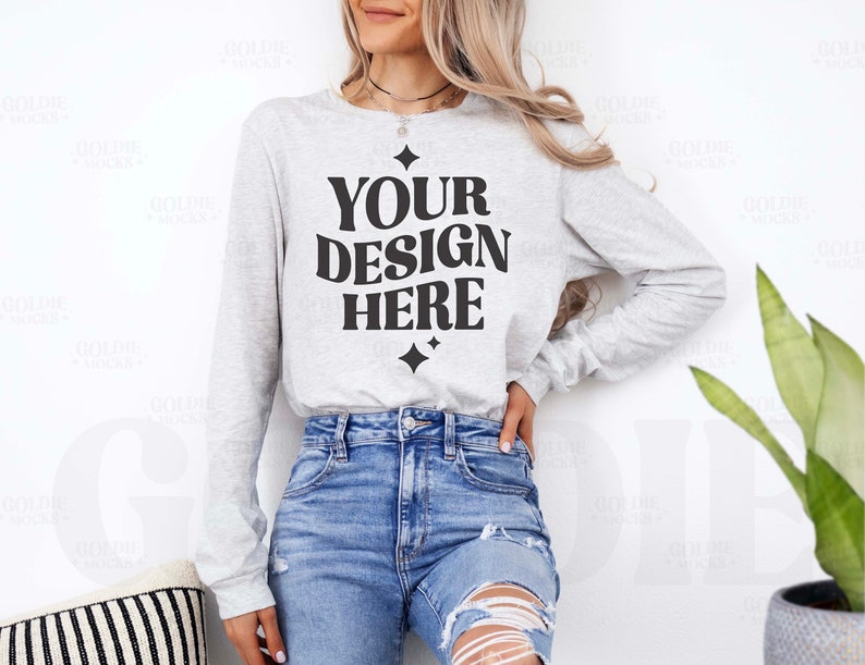 Bella Canvas 3501 Ash Long Sleeve Shirt Mockup 3501 Ash Longsleeve Shirt Mock-up Real Model Mock Simple Minimal Neutral Spring Summer zdjęcie 1