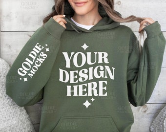 Gildan 18500 Military Green Hoodie Sleeve Mockup | G185 Green Hooded Sweatshirt Model Mock | Gildan 18500 Green Sleeve | Simple Sleeve Mock