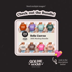 May include: A mockup bundle of 24 Bella Canvas 3001 t-shirts in various colors. The image shows a collage of different t-shirt colors, including white, pink, brown, and green. The text "Goldie Mocks" is displayed at the bottom of the image.