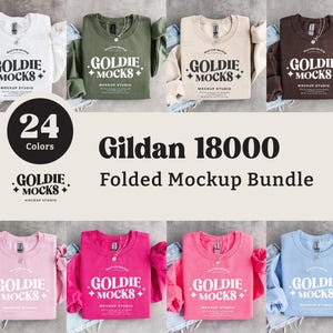 May include: A mockup bundle of Gildan 18000 long-sleeve shirts in various colors, including white, green, beige, and brown. Each shirt is folded and displayed with the "GOLDIE MOCKS" logo. The image also includes a circle with "24 Colors" text.