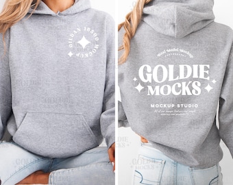 Gildan 18500 Sport Grey Hoodie Front & Back Mockup | G185 Grey Hooded Sweatshirt Split Mockup | Real Model Mock | Simple Minimal Dual Back