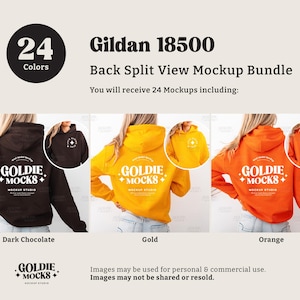 May include: Gildan 18500 back split view mockup bundle with 24 colors. The image shows a dark chocolate, gold, and orange hoodie with the text "GOLDIE MOCKS" on the back. The image also includes the text "You will receive 24 Mockups including:"