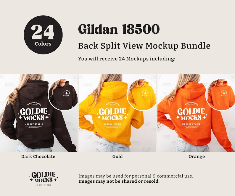May include: Gildan 18500 back split view mockup bundle with 24 colors. The image shows a dark chocolate, gold, and orange hoodie with the text "GOLDIE MOCKS" on the back. The image also includes the text "You will receive 24 Mockups including:"