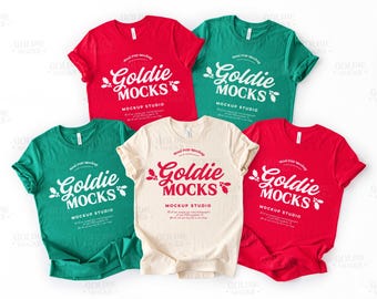 Bella Canvas 3001 Group Shirt Mockup | BC 3001 Natural Red Kelly Green Tshirt Mock | Real Photo | Trendy Christmas Unisex Flatlay