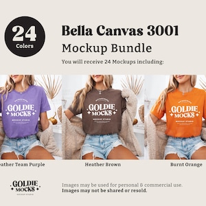 May include: Three women wearing different colored Bella Canvas 3001 t-shirts. The shirts are heather team purple, heather brown, and burnt orange. Each shirt has the text "GOLDIE +MOCKS+ MOCKUP STUDIO" printed on the front.