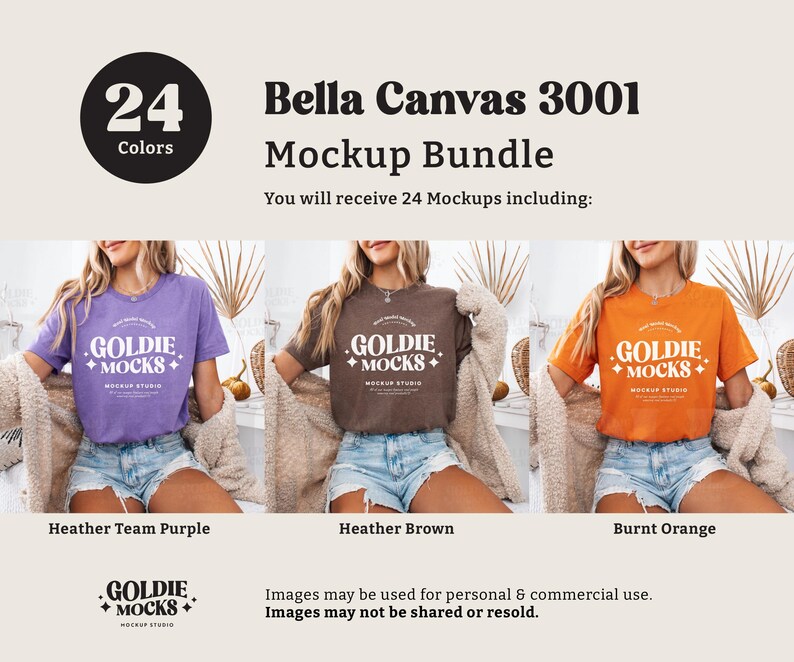 May include: Three women wearing different colored Bella Canvas 3001 t-shirts. The shirts are heather team purple, heather brown, and burnt orange. Each shirt has the text "GOLDIE +MOCKS+ MOCKUP STUDIO" printed on the front.