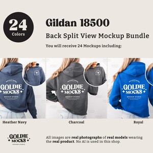 May include: A mockup bundle showcasing Gildan 18500 hoodies in various colors. The image displays three different hoodie colors: Heather Navy, Charcoal, and Royal blue. Each hoodie features the "GOLDIE MOCKS" logo on the back. The image includes the text "24 Colors".