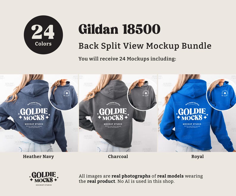 May include: A mockup bundle showcasing Gildan 18500 hoodies in various colors. The image displays three different hoodie colors: Heather Navy, Charcoal, and Royal blue. Each hoodie features the "GOLDIE MOCKS" logo on the back. The image includes the text "24 Colors".