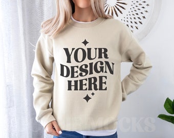 Gildan 18000 Sand Sweatshirt Mockup | G180 Sand Crewneck Mock-up | Real Model | Gildan 18000 Beige Tan Sweater | Casual Neutral Simple Mock