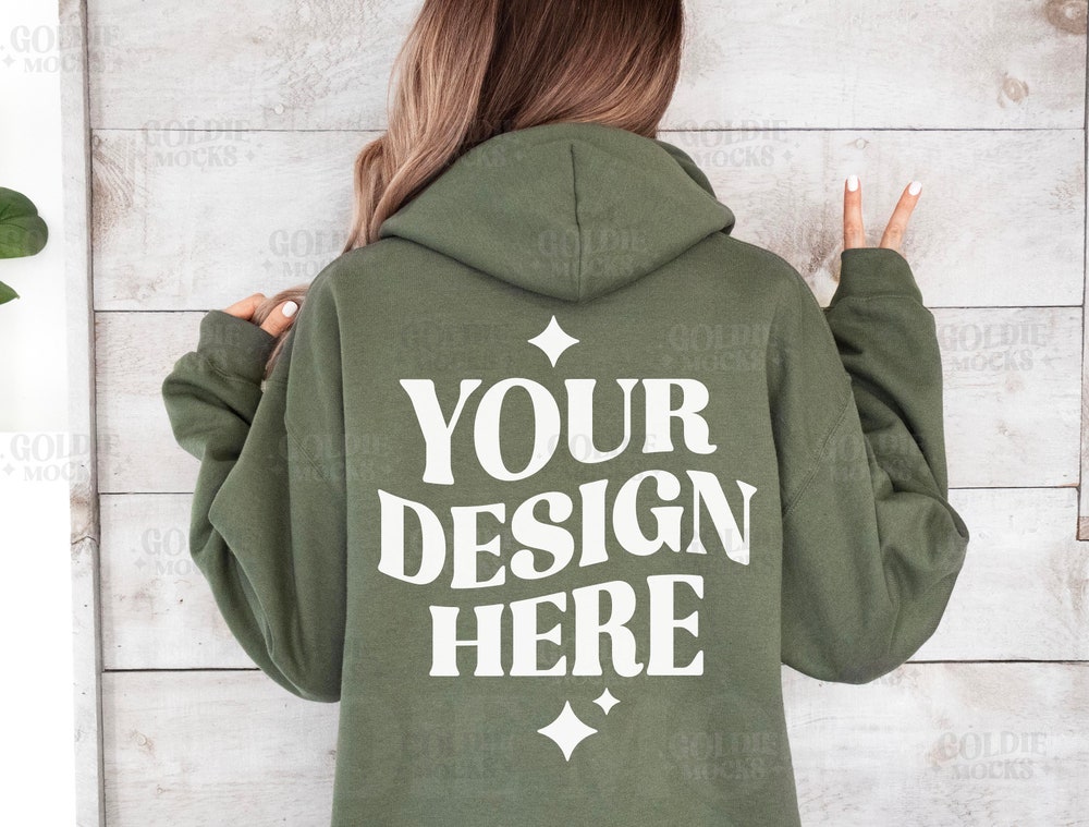Gildan 18500 Military Green Hoodie Back Mockup | G185 Green Hooded Sweatshirt | Model Mockup | Gildan 18500 Green Back | Simple Neutral Back Teesummer