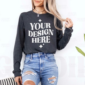 Bella Canvas 3501 Dark Grey Heather Long Sleeve Shirt Mockup | 3501 Grey Longsleeve Shirt Mock-up | Real Model Mock | Simple Minimal Neutral