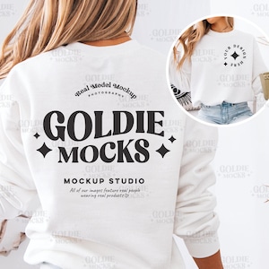 May include: White long-sleeve sweatshirt mockup with black text that reads "Goldie Mocks" and "Real Model Mockup Photography" in a circle. The text "Mockup Studio" is below the logo and says "All of our images feature real people wearing real products".