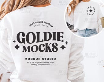 May include: White long-sleeve sweatshirt mockup with black text that reads "Goldie Mocks" and "Real Model Mockup Photography" in a circle. The text "Mockup Studio" is below the logo and says "All of our images feature real people wearing real products".